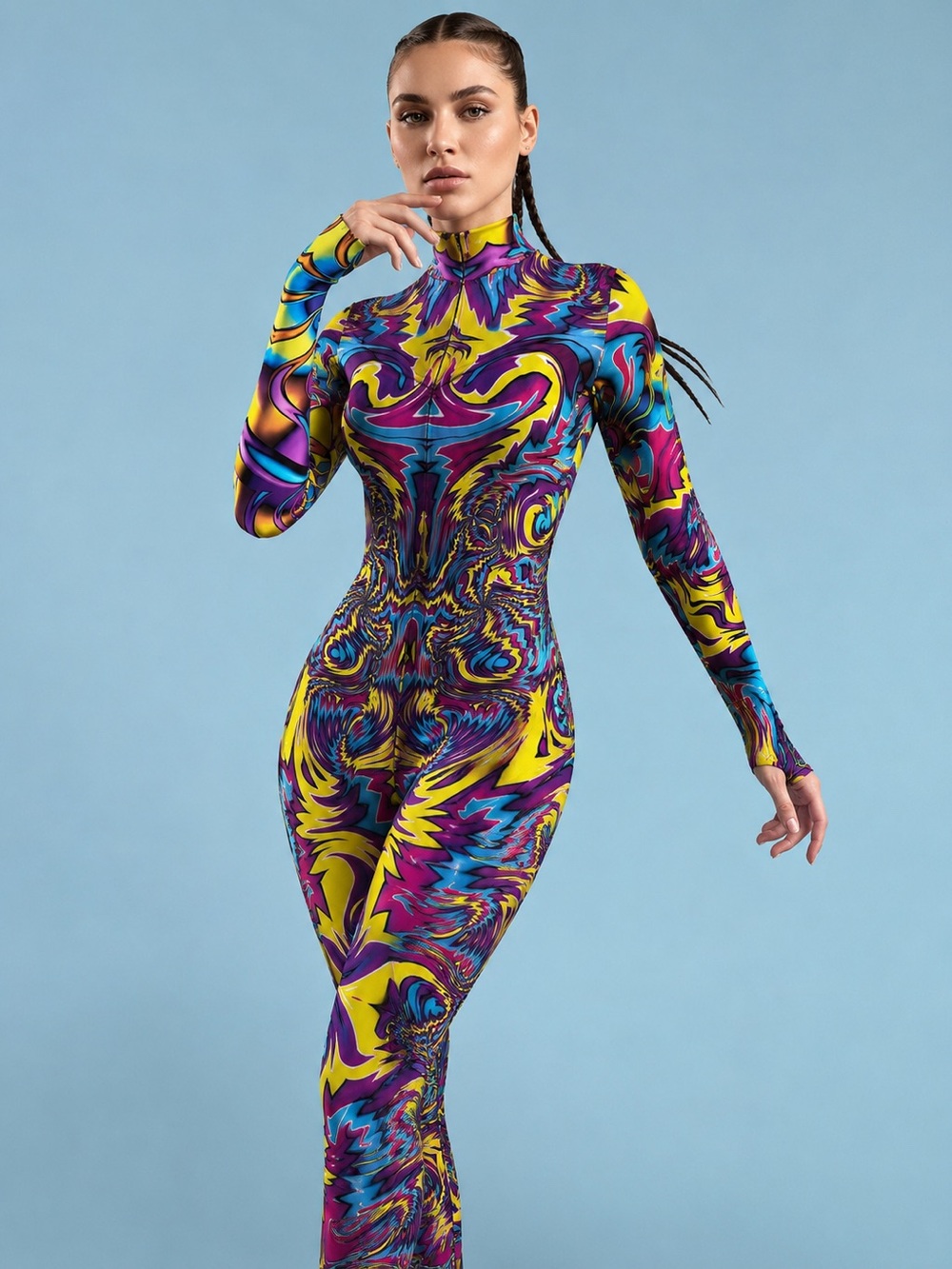Candy Catz Yellow/Blue Multicolor Psychedelic Long-Sleeve Rave EDM Jumpsuit NWOT